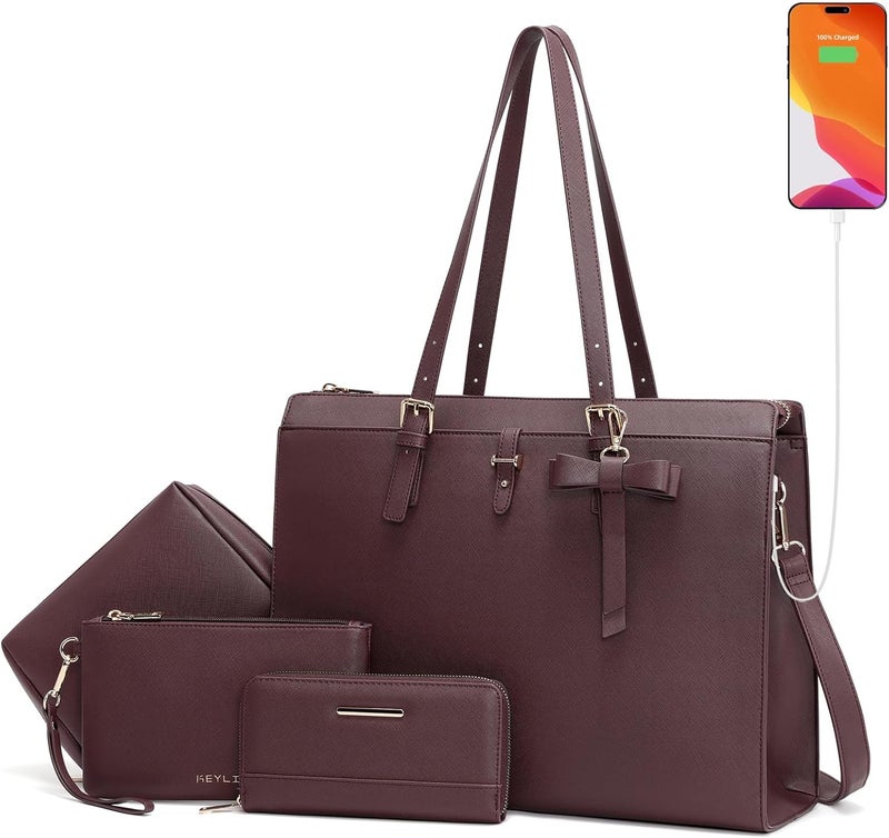 Keyli 4pc Sets Laptop Bag for Women Large Leather Laptop Briefcase with USB Charging Port Computer Shoulder tote Bags Purse - Image 1